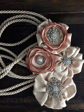 Traditional satin rope lasso/champagne lasso/with blush/dusty rose/champagne flowers and silver diamond brooches/pearls