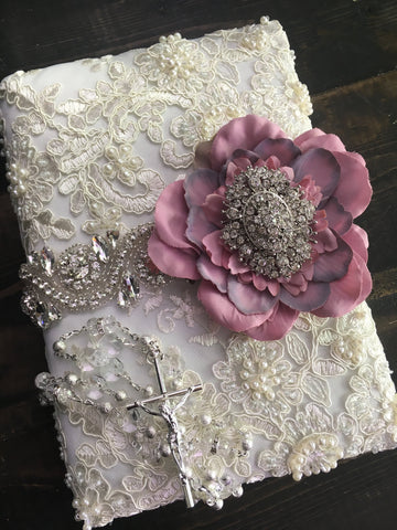 Wedding ceremony/lace ivory bible/Purple catholic Lace Wedding bible and Rosary