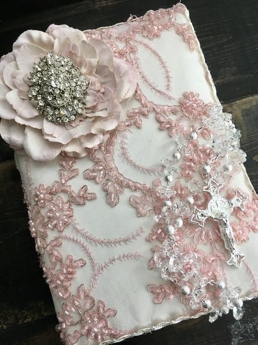 Pink white wedding bible, catholic bible white flowers, Wedding bible Lace pearl, Catholic wedding bible and wedding Rosary