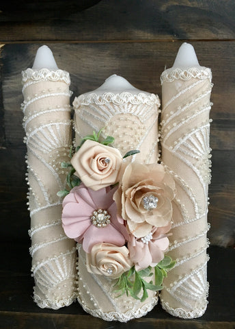 ivory wedding ceremony/Lace Unity Candle set Ivory champagnes/any religion. Wedding Bling Candles