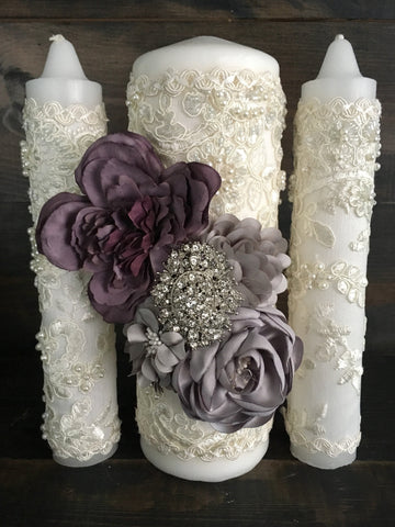 Purple wedding ceremony/Lace Unity Candle set Ivory lace pearl, crystal/cross/any religion. Wedding Bling Candles