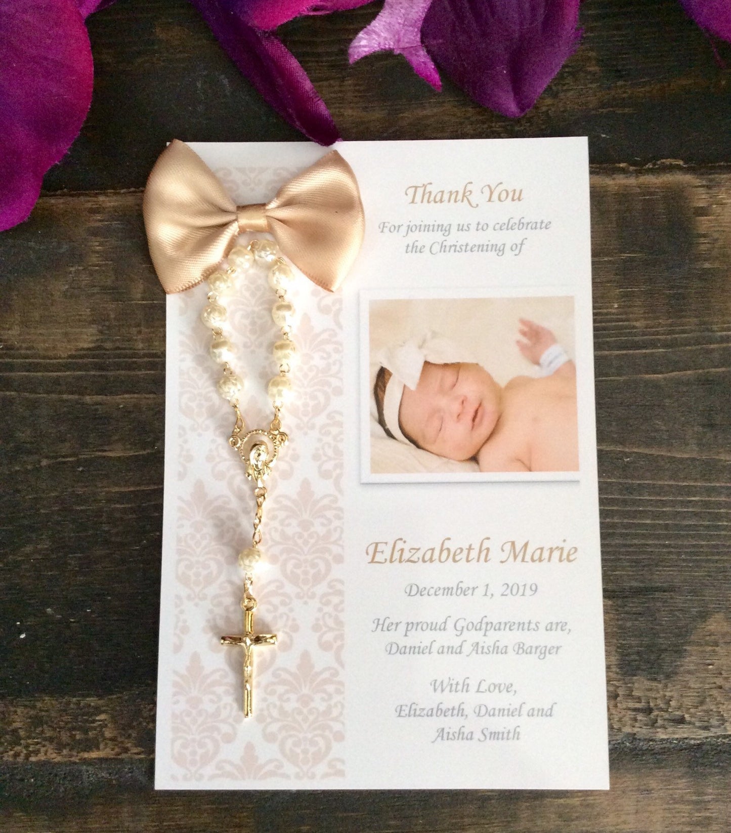 Baptism girl invitation favor Cards, thank you gifts baptism, Baptism Rosary chic Favor Cards/ Christening Rosary Favor Cards/ Thank you