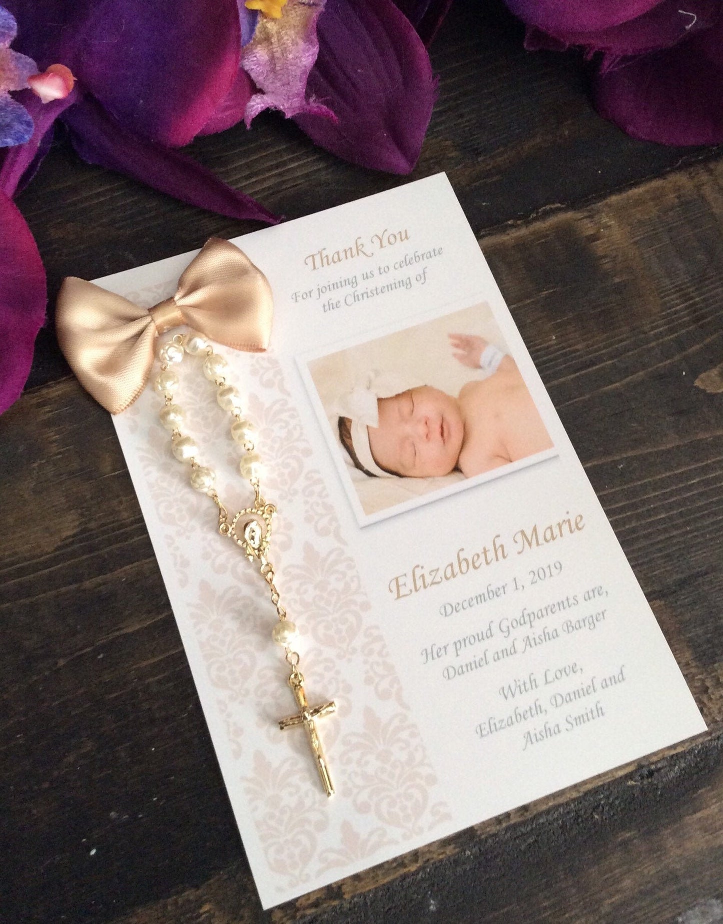 Baptism girl invitation favor Cards, thank you gifts baptism, Baptism Rosary chic Favor Cards/ Christening Rosary Favor Cards/ Thank you