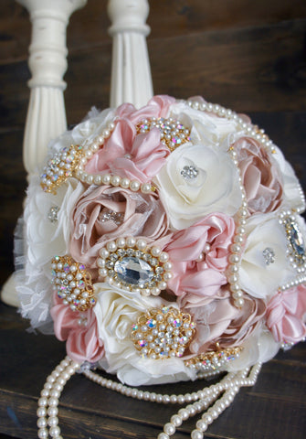 12" ivory pink champagne Gold Fabric Brooch Bouquet/ivory gold bridal bouquet/Wedding bouquet/ivory wedding/Quinceanera/ keepsake bouquet