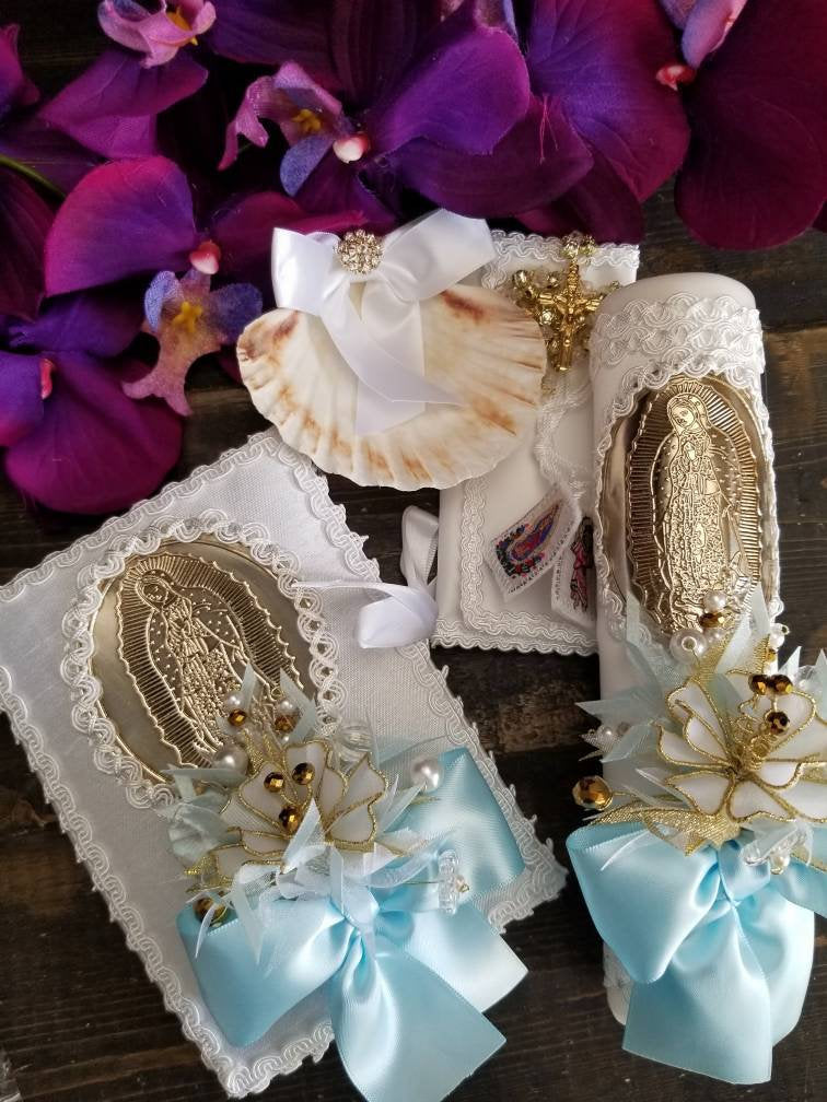 Blue Gold Baptism candle set/Virgen de Guadalupe/Communion Candle Set/Vela de Communion/Vela de Bautizo