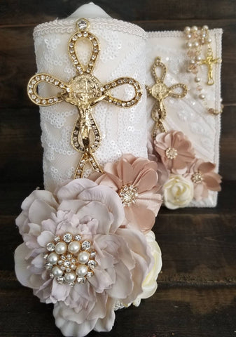 champagne, ivory Quincenaera Bible and Candle, Biblia boda, quinceanera, cotillion, sweet sixteen, nude wedding, blush gold quincenaera