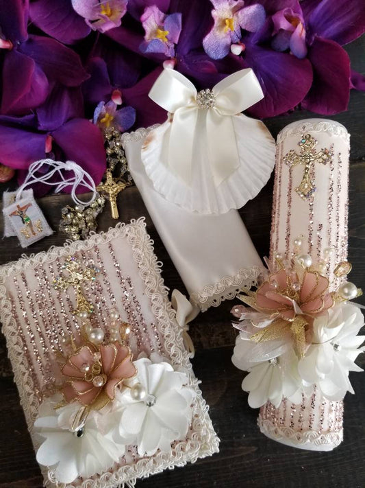 Blush Gold Baptism candle set/Virgen de Guadalupe/Communion Candle Set/Vela de Communion/Vela de Bautizo