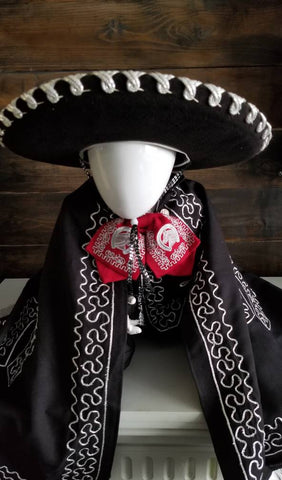 1T lack Silver Baby Mariachi Boy, Traje Charro Negro & Plata Embroidery Suit, Traditional mariachi christening, mariachi baptism