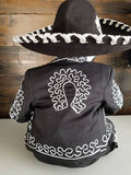 1T lack Silver Baby Mariachi Boy, Traje Charro Negro & Plata Embroidery Suit, Traditional mariachi christening, mariachi baptism