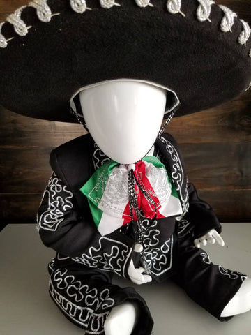 Black Silver Baby Mariachi Boy, Traje Charro Negro & Plata Embroidery Suit, Traditional mariachi christening, mariachi baptism
