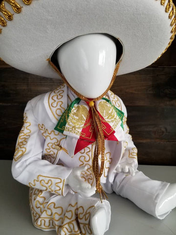 White Gold Baby Mariachi Boy, Traje Charro blanco & oro Embroidery Suit, Traditional mariachi christening, mariachi baptism
