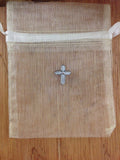 65 pcs Baptism Favors, Christening Favor,  Ivory/ Grey Organza Bags  with Rhinestone Cross