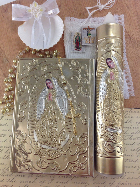 Communion candle, baptism candle, Bible, candle, scapular, and rosary,  Virgen de guadalupe