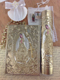 Communion candle, baptism candle, Bible, candle, scapular, and rosary,  Virgen de guadalupe