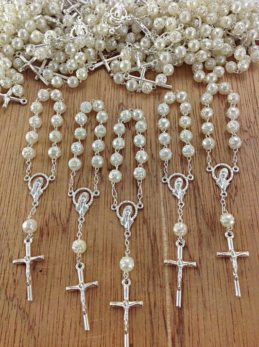 Rosary mini 10 pcs Pearl Decade Rosaries, Mini Rosaries, First communion favors Bautizo 10pz/ Mini Pearl Rosary Baptism Favors 25 pcs