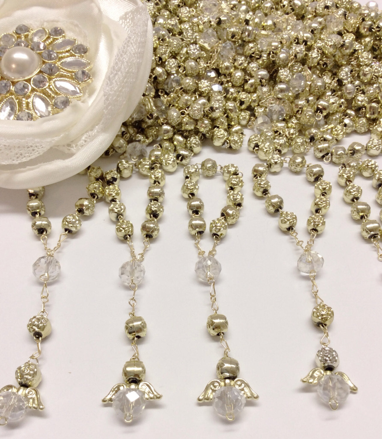 baptism favor, Rosary beads, 25 pcs Angel gold bead First communion favors Recuerditos Bautizo 25pz/ Mini gold bead Rosary Baptism Favors