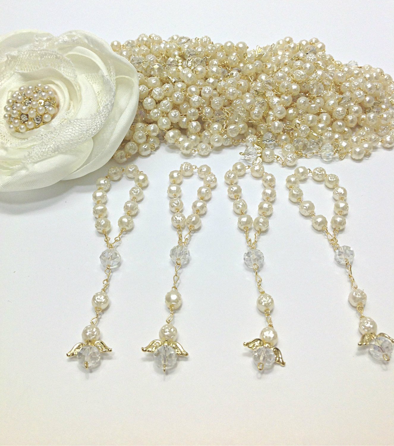 50 pcs Angel Pearl Decade Rosaries, Mini Rosaries, First communion favors Recuerditos Bautizo 50pz/ Mini Pearl Rosary Baptism Fa