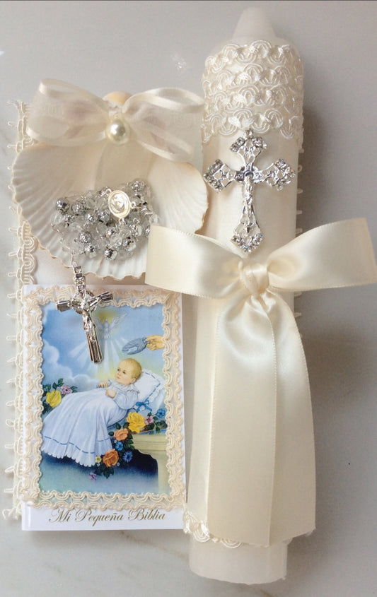Communion candle, Baptism candle, Boy baptism, Baptism ivory set, vela para bautizo, communion candle, godparent candle, catholic baptism