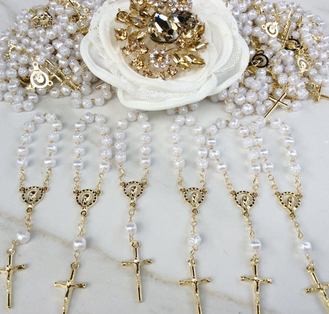 6mm White Pearl Rosary w/ Silver Rose Beads and Crowned Hearts – King Baby