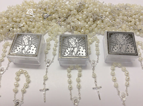 50pcs Decade Rosaries Favors, Our Lady of Guadalupe, Embossed, repujado, Favor Box, Rosario, Communion, boda, Confirmation, religious