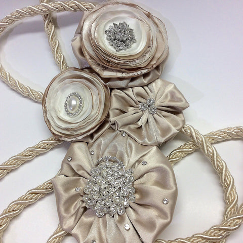 Wedding Gift Traditional satin rope lasso/champagne lasso/with blush/dusty rose/champagne flowers and silver diamond brooches/pearls