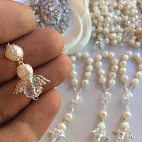 Rosary beads, 15 pcs Angel Pearl First communion favors Recuerditos Bautizo 15pz/Mini Pearl Rosary Baptism Favors