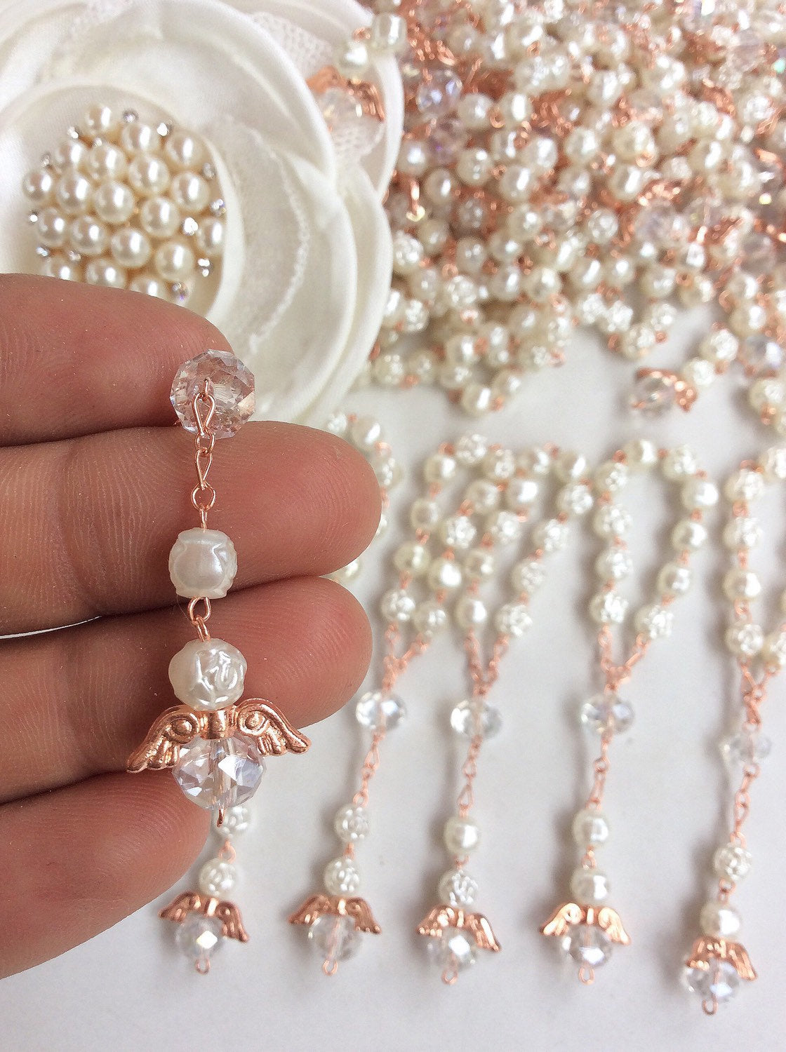 40 Mini rosary, Angel Pearl Decade 40 pcs Mini Rosaries, baptism favor, Recuerdo de Bautizo, Mini Pearl Rosary Baptism Favors 40 pcs