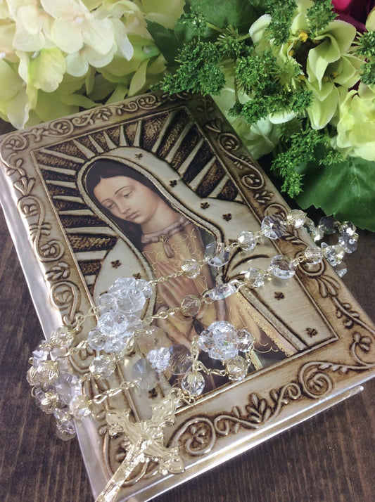 wedding bible, Virgen de Guadalupe Raised Repujado, Embossed plates Virgin Bible, crystal rosary