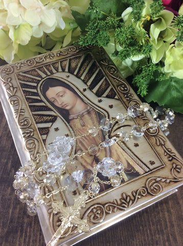 wedding bible, Virgen de Guadalupe Raised Repujado, Embossed plates Virgin Bible, crystal rosary