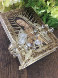 wedding bible, Virgen de Guadalupe Raised Repujado, Embossed plates Virgin Bible, crystal rosary