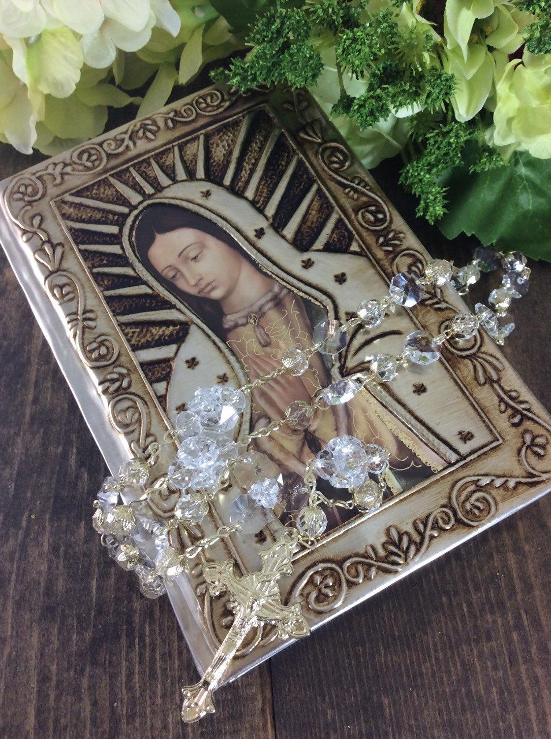 wedding bible, Virgen de Guadalupe Raised Repujado, Embossed plates Virgin Bible, crystal rosary