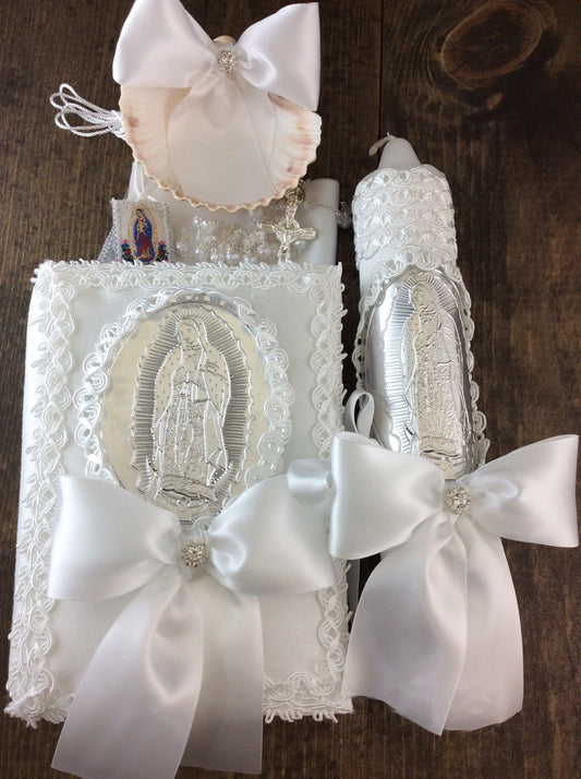 Communion religious candle set, Baptism boy candle set/Virgen de Guadalupe, white baptism candle