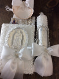 Communion religious candle set, Baptism boy candle set/Virgen de Guadalupe, white baptism candle