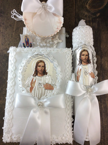 Communion candle, Baptism candle set/sacred heart of Jesus/White baptism Candle/Religious candle