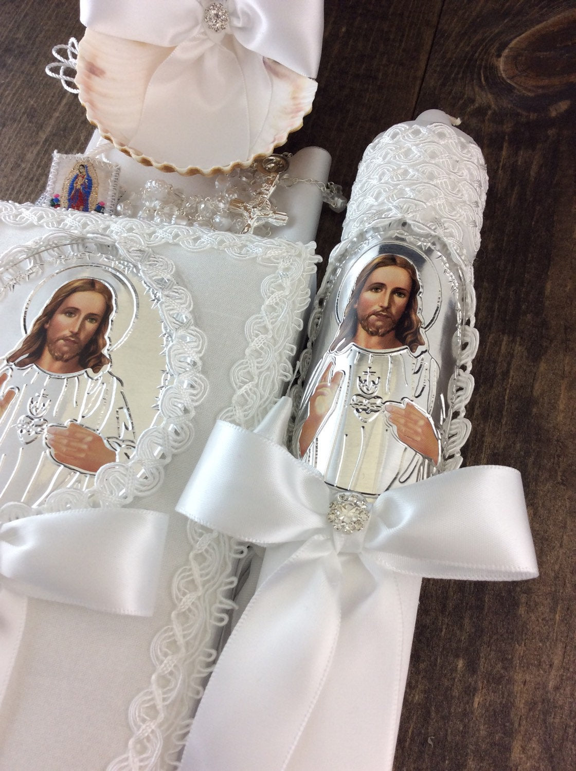 Communion candle, Baptism candle set/sacred heart of Jesus/White baptism Candle/Religious candle