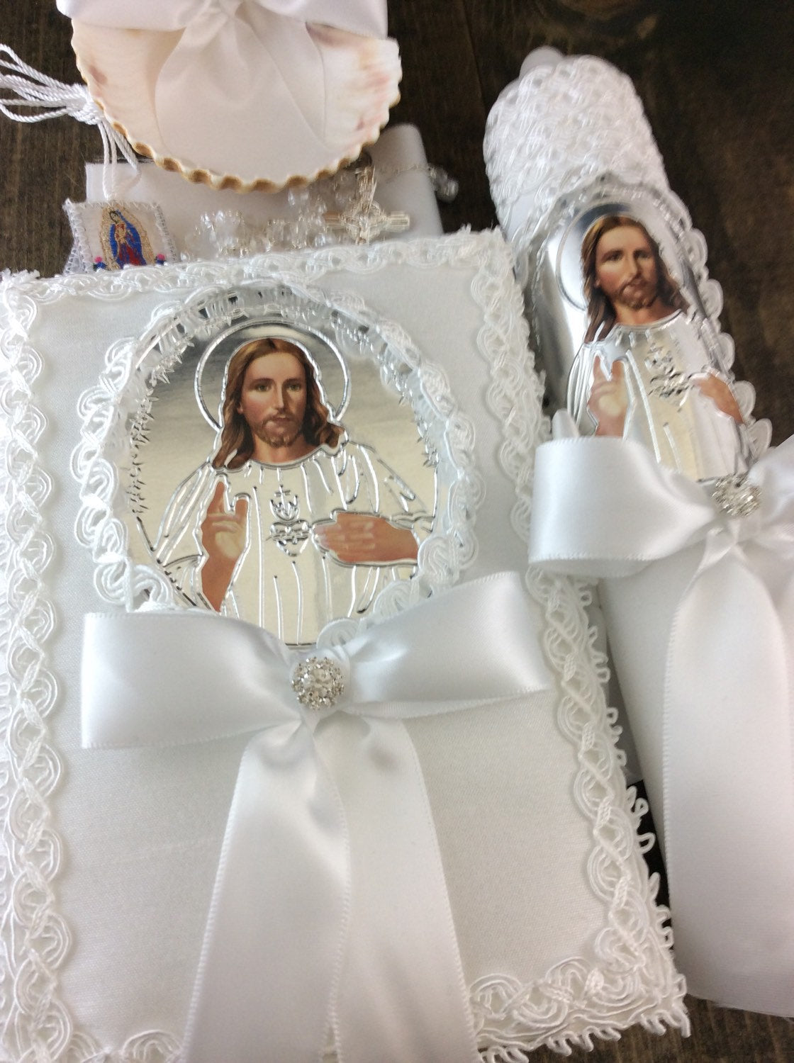 Communion candle, Baptism candle set/sacred heart of Jesus/White baptism Candle/Religious candle