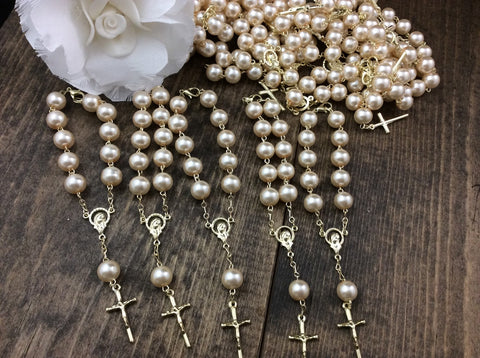 baptism gift, mini rosary 35 pcs 10mm Glass Pearl Rosaries/First communion favors Recuerditos Bautizo 35pz/Mini Pearl Rosary Baptism Favors
