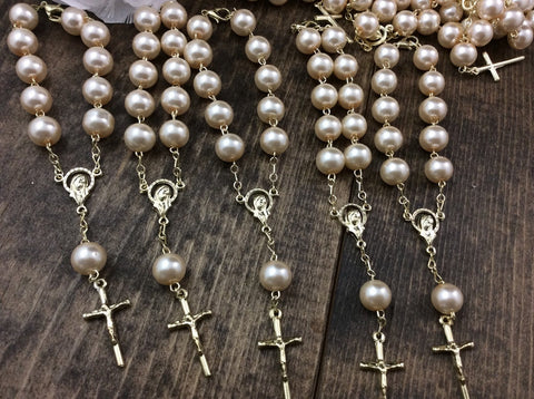 Pearl Rosary Favors in White, Pink or Blue for Baptism and First