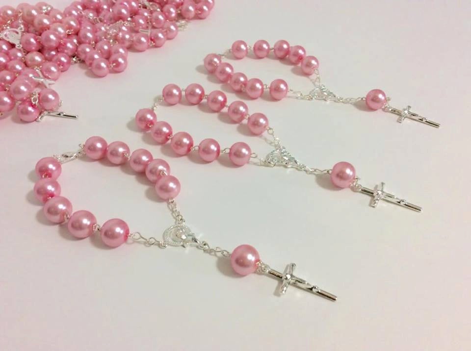 baptism favor pink 40 pcs 10mm Glass Pearl Rosaries, First communion favors Recuerditos Bautizo 40pz/ Mini Pearl Rosary Baptism Favors
