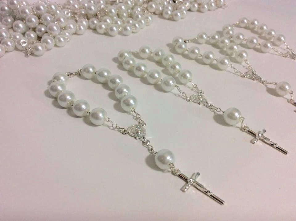 baptism favor pink 40 pcs 10mm Glass Pearl Rosaries, First communion favors Recuerditos Bautizo 40pz/ Mini Pearl Rosary Baptism Favors