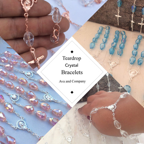 30 pcs Teardrop Crystal Rosaries, Decade favors, First Communion, Wedding Favors, Recuerditos Bautizo 30 Bracelets, Car mirror beads