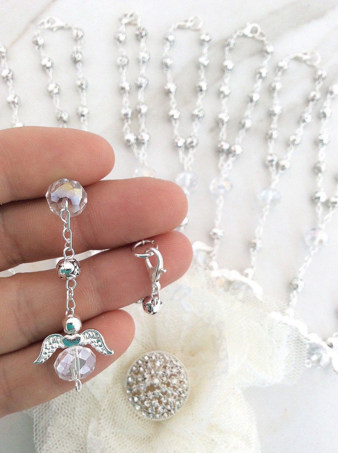 Baptism favor/ 35 pcs blush pink Favors with Bracelet size car mirror beads with Angel Charm/Personalized